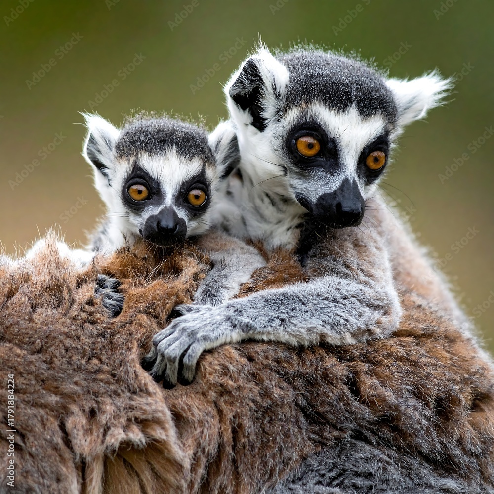 Obraz premium Close-up view of two lemurs, one a baby, nestled together, with the juvenile atop its adult companion. Their fur is light and dark