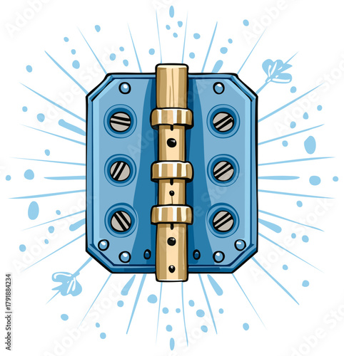 Door Hinge Illustration: Blue Metal with Screws, Connector, Hardware, Cartoon Style
