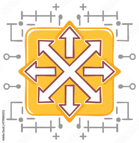 Hand Drawn Symbol of Four Arrows Pointing Outward in Different Directions