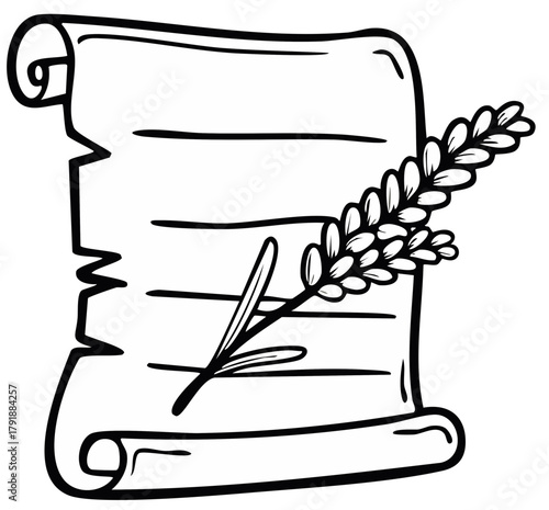 Hand drawn scroll with lavender sprig and leaf outline illustration