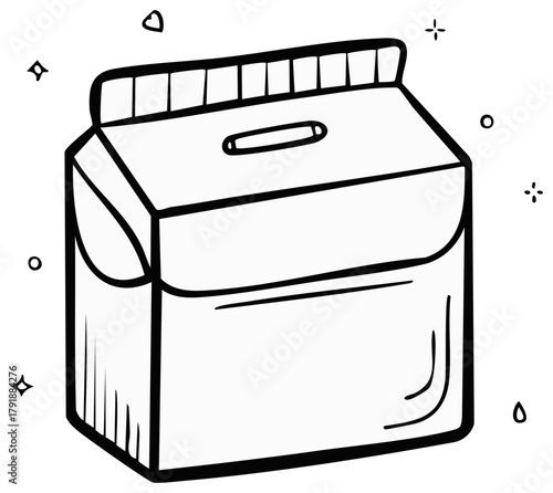 Doodle illustration of a juice carton with a handle and decorative sparkles