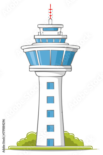 Airport control tower building design with antenna cartoon vector illustration