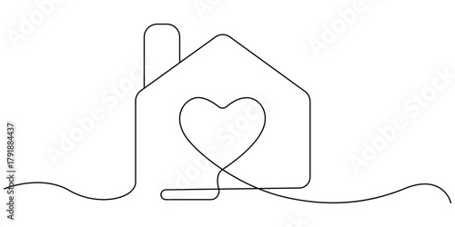 Heart inside house continuous one line drawn illustration vector.