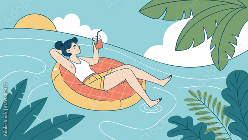 Woman relaxing on inflatable ring in water with drink summer vacation tropical paradise getaway scene is nice
