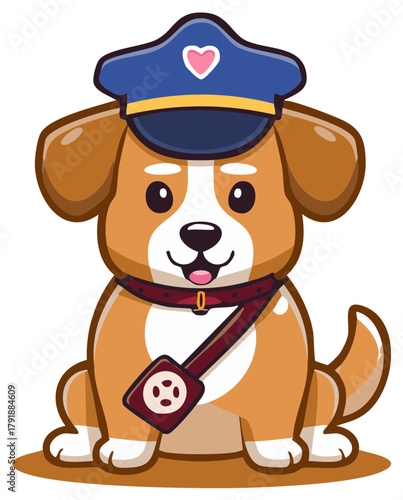 Adorable cartoon puppy mail carrier character wearing a uniform hat with a heart and a satchel