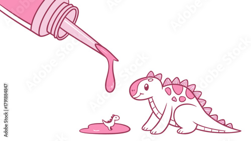 Cute dinosaur family illustration with pink paint drip and playful design for kids and nursery decor art