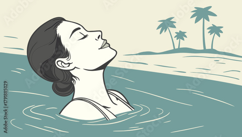 Woman swimming in the ocean water with island and palm trees enjoying summer vacation and relaxation time