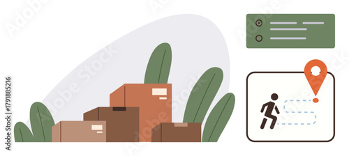 Cardboard boxes stacked with green leaves, runner icon on a path to location pin, and checklist interface. Ideal for shipment, logistics, tracking, delivery, e-commerce navigation workflow. Simple