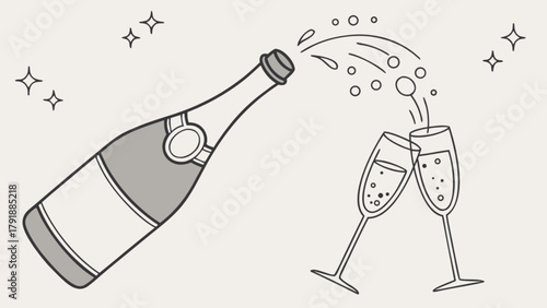Champagne bottle pouring into glasses vector illustration for celebration and festive occasion design use