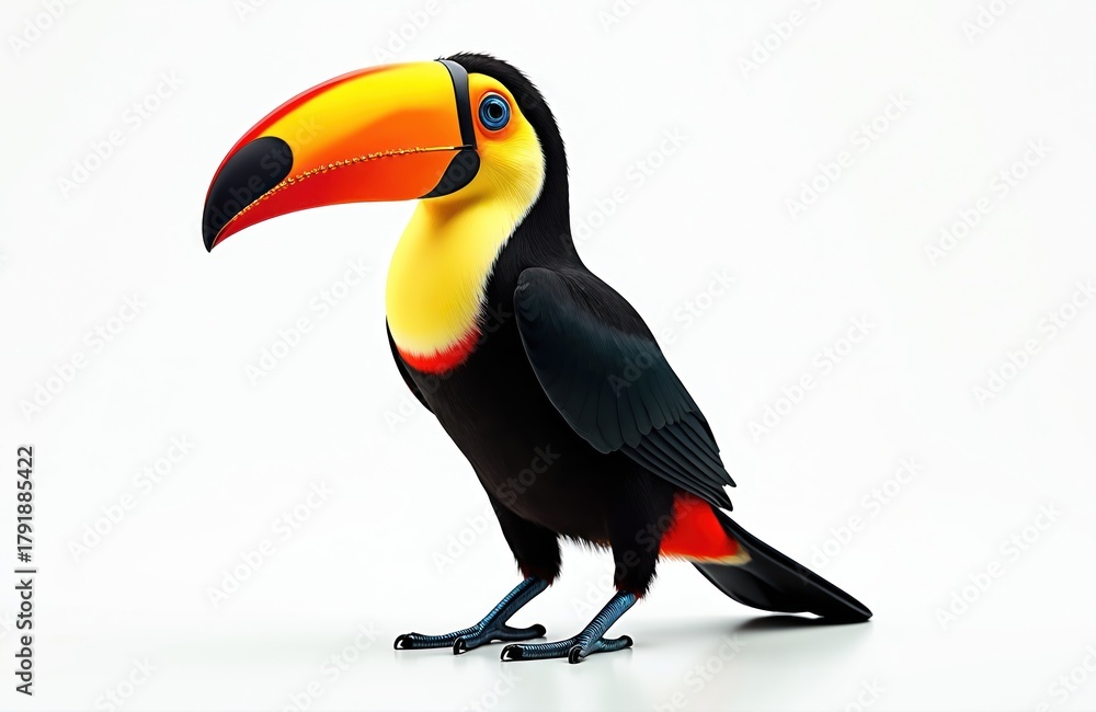 Naklejka premium Colorful toucan bird stands on white background. Exotic animal with large beak and black feathers. Tropical wildlife, jungle inhabitant with blue feet and yellow chest.