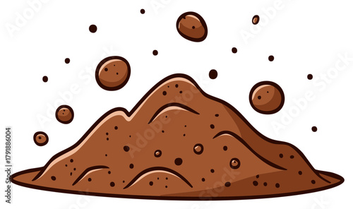 Funny cartoon illustration of a pile of brown soil with dirt clods flying up