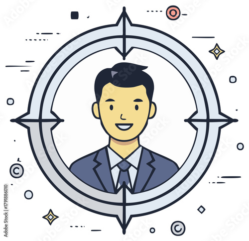 Smiling Professional Avatar Targeted Inside Compass Symbolizing Goal Focus and Career Direction