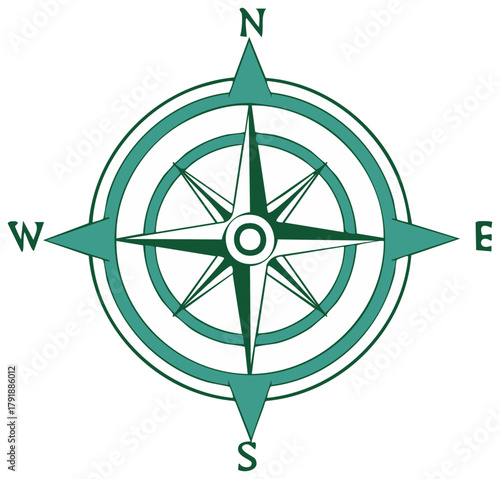 Teal Green Compass Rose Design with Cardinal Directions Navigation and Exploration Symbol