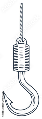 Vintage Fishing Hook and Line with Weight Illustration