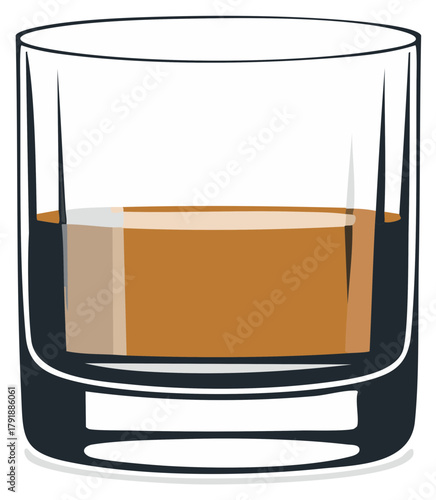 Whiskey in a lowball glass, rocks glass with whisky. Dark spirit in glass.  Alcohol illustration.