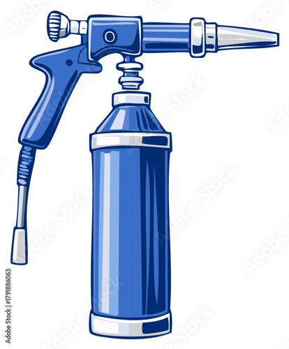 Blue spray gun vector illustration for cleaning, washing or lubricating