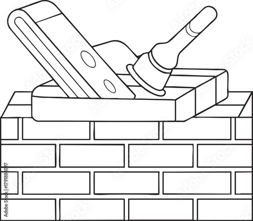 Masonry trowel and brick hammer outline illustration on half-built wall symbolizing construction craftsmanship
