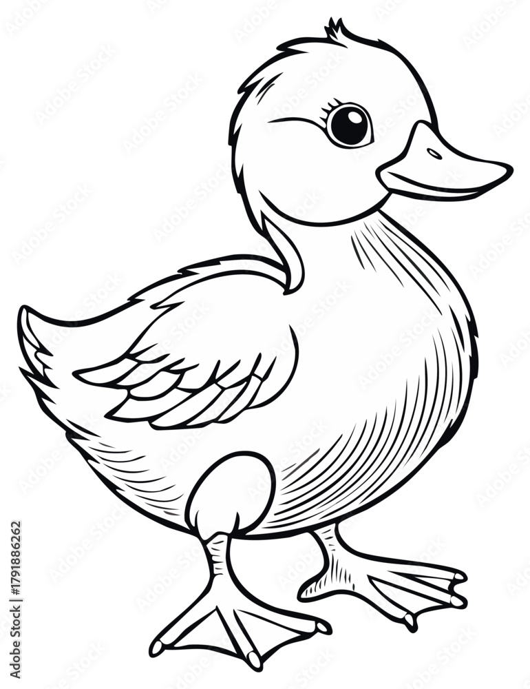 Fototapeta premium Charming baby duckling illustration with detailed feathers and webbed feet facing right