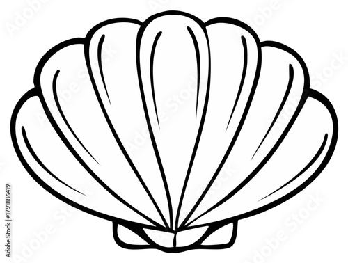 Stylized scallop shell illustration with bold black outlines and simple design