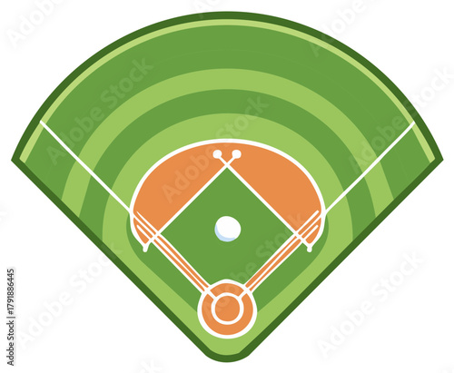 Stylized top down view of a baseball field with a white ball in the infield grass