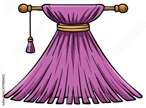 Ornate purple theater curtain with a golden rod and tassel, classic decorative vector illustration