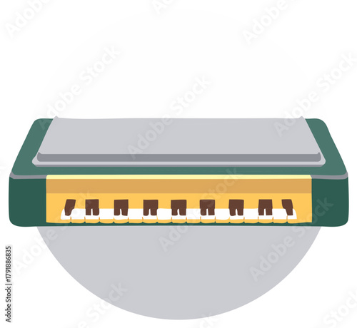 Detailed illustration of a green harmonica with a gold center and white keys