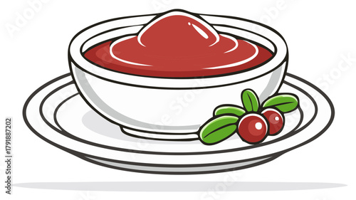 Illustration of a bowl of cranberry sauce and cranberries on a plate