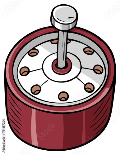 Cartoon illustration of a mechanical device, with a central handle and radial components.