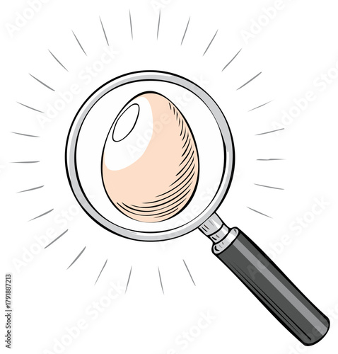 Hand drawn illustration of a magnifying glass examining an egg