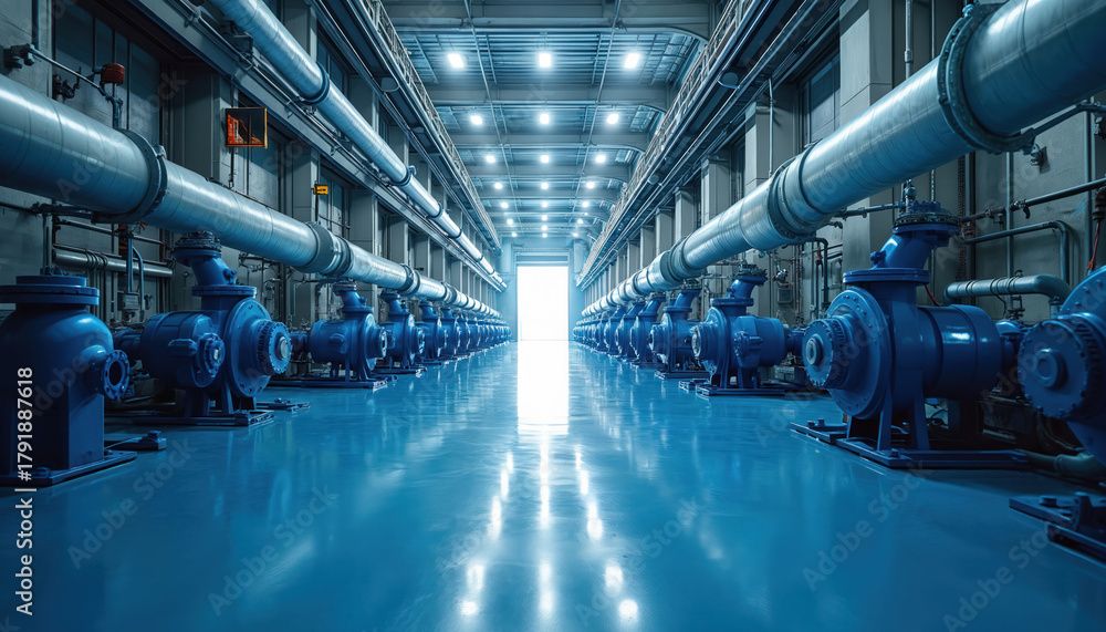 Naklejka premium Rows of blue industrial pumps, large metal pipes fill vast factory space. Bright light shines from open doorway at far end of building. Clean blue floor reflects overhead lights. Machinery operates.