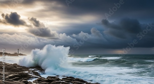 Fototapeta Naklejka Na Ścianę i Meble -  Dramatic ocean waves crashing against rocky shore under stormy sky