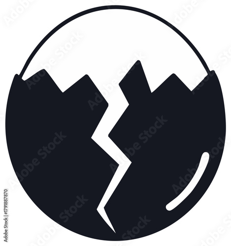 Broken eggshell icon showing a clean crack in a simple round shape graphic illustration