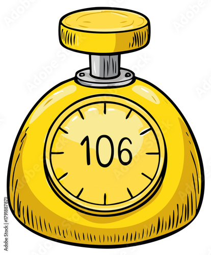 Cartoon illustration of a yellow game show buzzer or timer with a push button