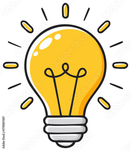 Bright yellow light bulb glowing with radiating lines symbolizing ideas and inspiration