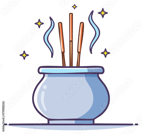 Cute cartoon illustration of burning incense sticks in a traditional spiritual censer pot with smoke and sparkles