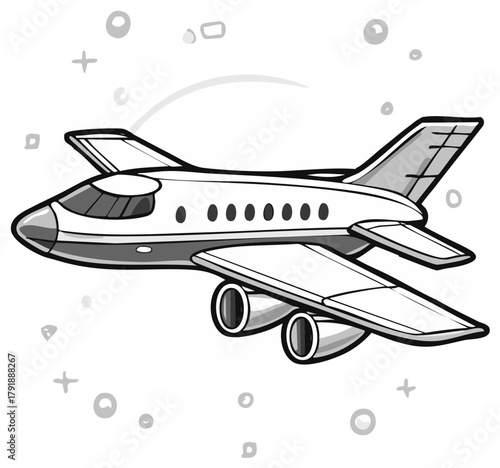 Black and white cartoon private jet airplane flying in a doodle style illustration
