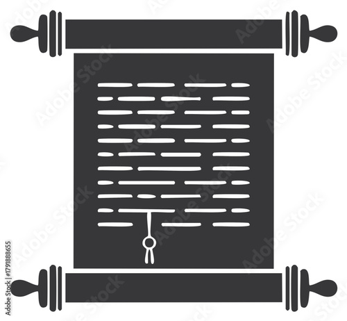 Ancient document scroll with unrolled parchment, illegible text lines, and a hanging decorative seal icon
