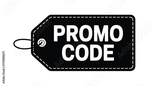 Black promo code tag with white text and string