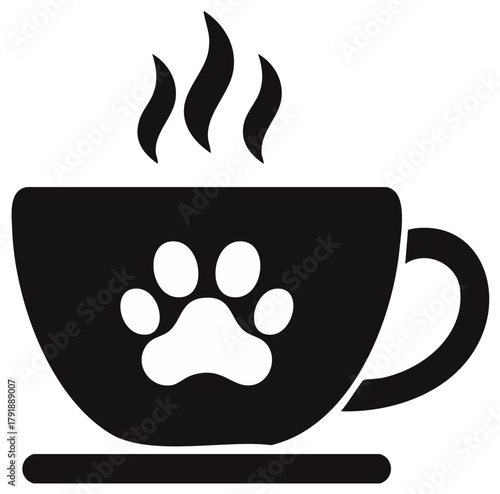 Steaming coffee cup with a paw print logo, a simple icon for a pet friendly cafe or animal shelter