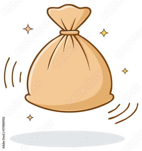 Playful cartoon beige sack levitating with dynamic movement and bright magic sparkles