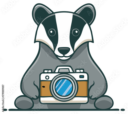 Cartoon badger holding a vintage camera, artistic illustration, photography concept