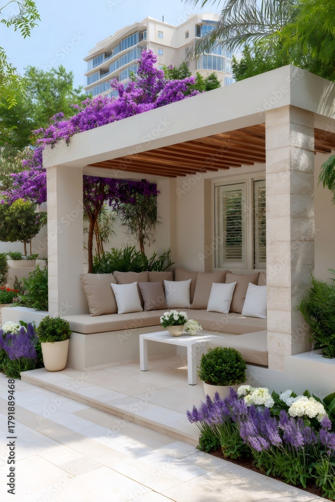 Naklejka premium Outdoor pergola with comfortable seating, lush plants, and a modern design