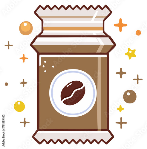 Cute cartoon coffee packet illustration featuring a stylized bean icon and sparkling decorative elements