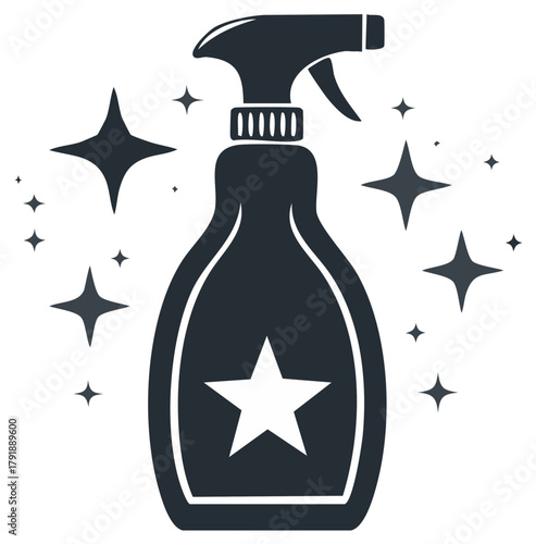 Sparkling cleaning spray bottle with a star emblem illustration