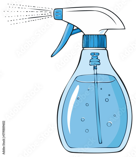 Illustrated Blue Spray Bottle Spritzing Mist with Bubbles Isolated on White Background