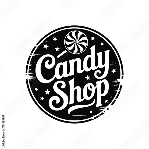 Retro candy shop logo with swirl lollipop and stars
