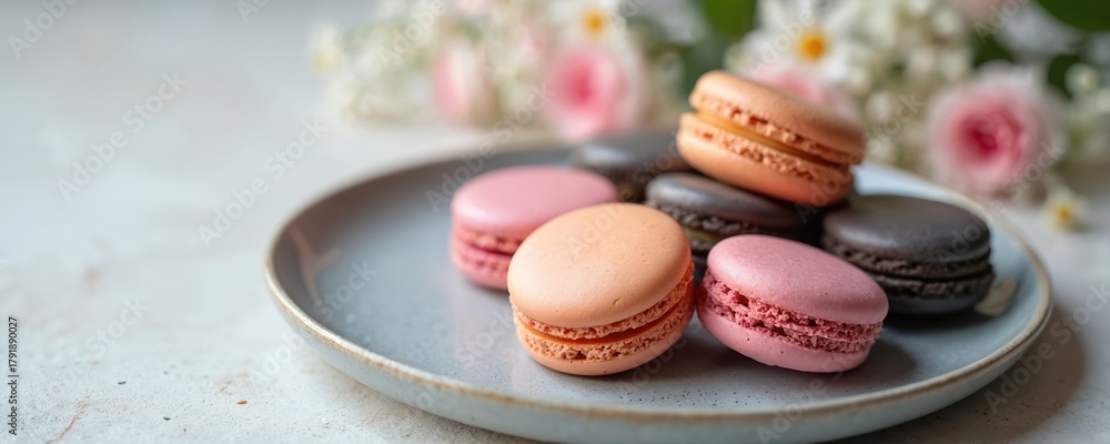 Fototapeta premium Assorted vibrant French macarons in various colors rest on grey ceramic plate. Soft blurred flowers bloom behind. Delicate pink, peach, chocolate sweets piled on light table. Elegant dessert cookies