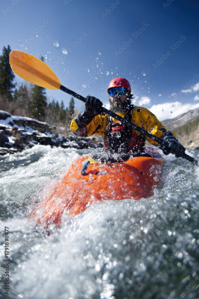 Fototapeta premium Extreme kayaker navigating turbulent river rapids