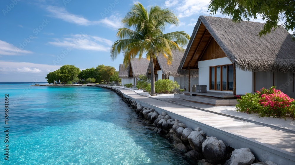 Fototapeta premium Maldives resort bungalows along turquoise ocean water