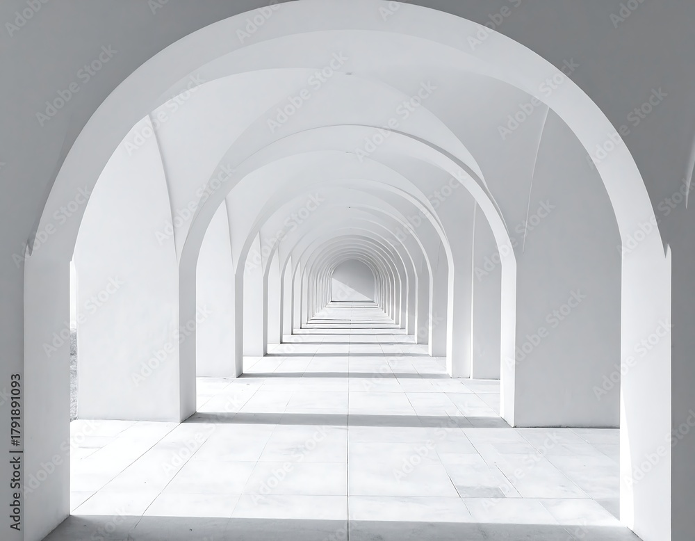 Fototapeta premium A long, repetitive arcade of white arches receding into a bright background